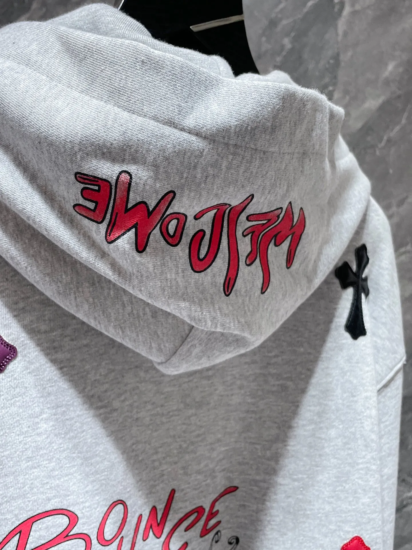 P276 Chrome Hearts Autumn and Winter 2025 Counter Synchronization Colorful cross patchwork leather Sanskrit hand-painted graffiti hooded sweatshirt Special customized version 1:1 high weight fabric Highest version Imported leather Recommended color: black gray Code number: S, M, L, XL